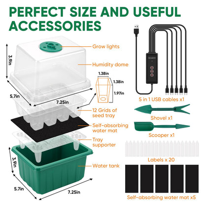 BlumWay Self-Watering Seed Starter Tray Kit with Grow Light and Humidity Dome,3 Color Growing Light,5-Pack 60-Cell Plant Seedling Tray,Reusable Plastic Germination Trays,Timed Light Plant Starter Set