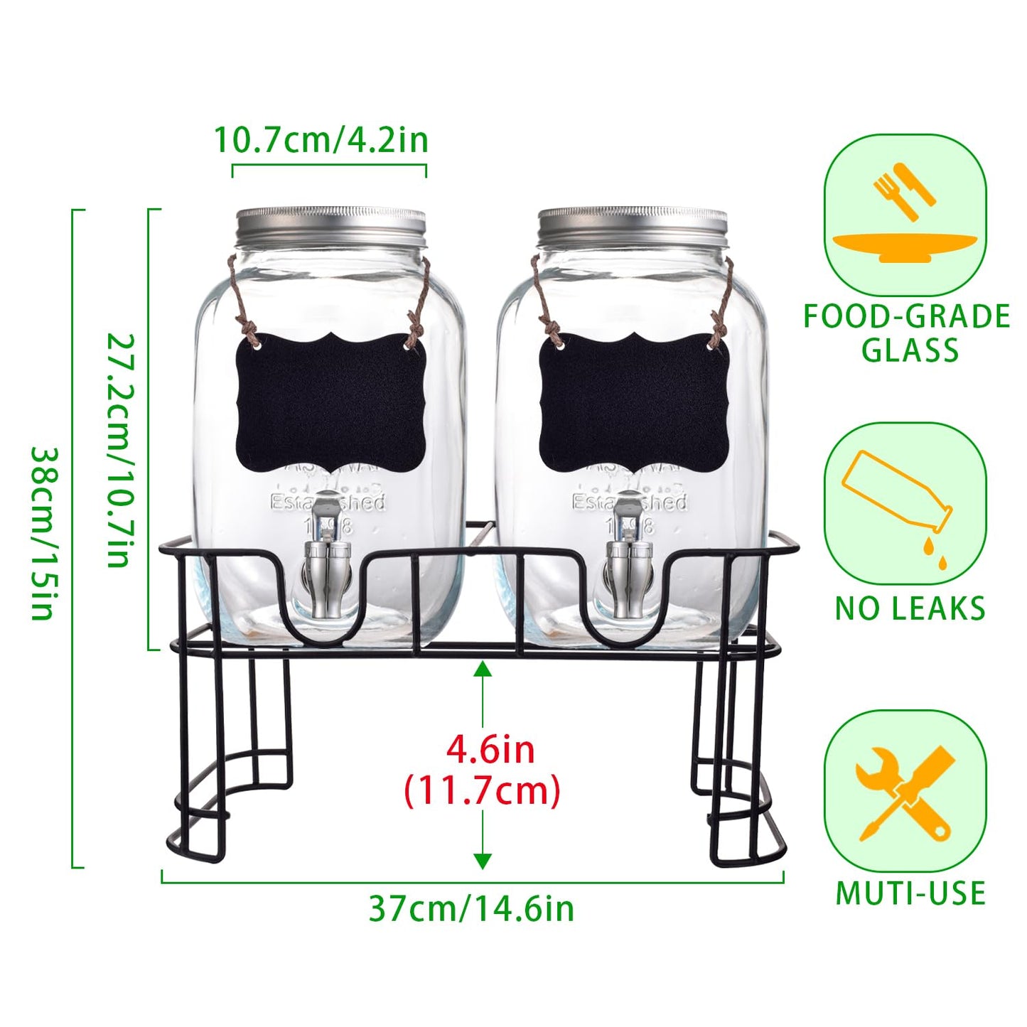 Galssmagic 1 Gallon Drink Dispenser with Stand,2 Pack Beverage Dispenser with Stand,Glass Water Juice Dispensers Punch Bowl for Parties