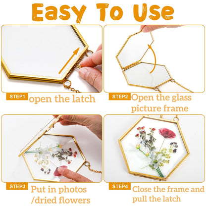 AVLA 3 Pack Pressed Flowers Glass Frames, Brass Hanging Picture Frames with Chain, Small Golden Floating Photo Frame, Clear DIY Artwork Display Frame for Wall Decor, Dried Plant Specimen