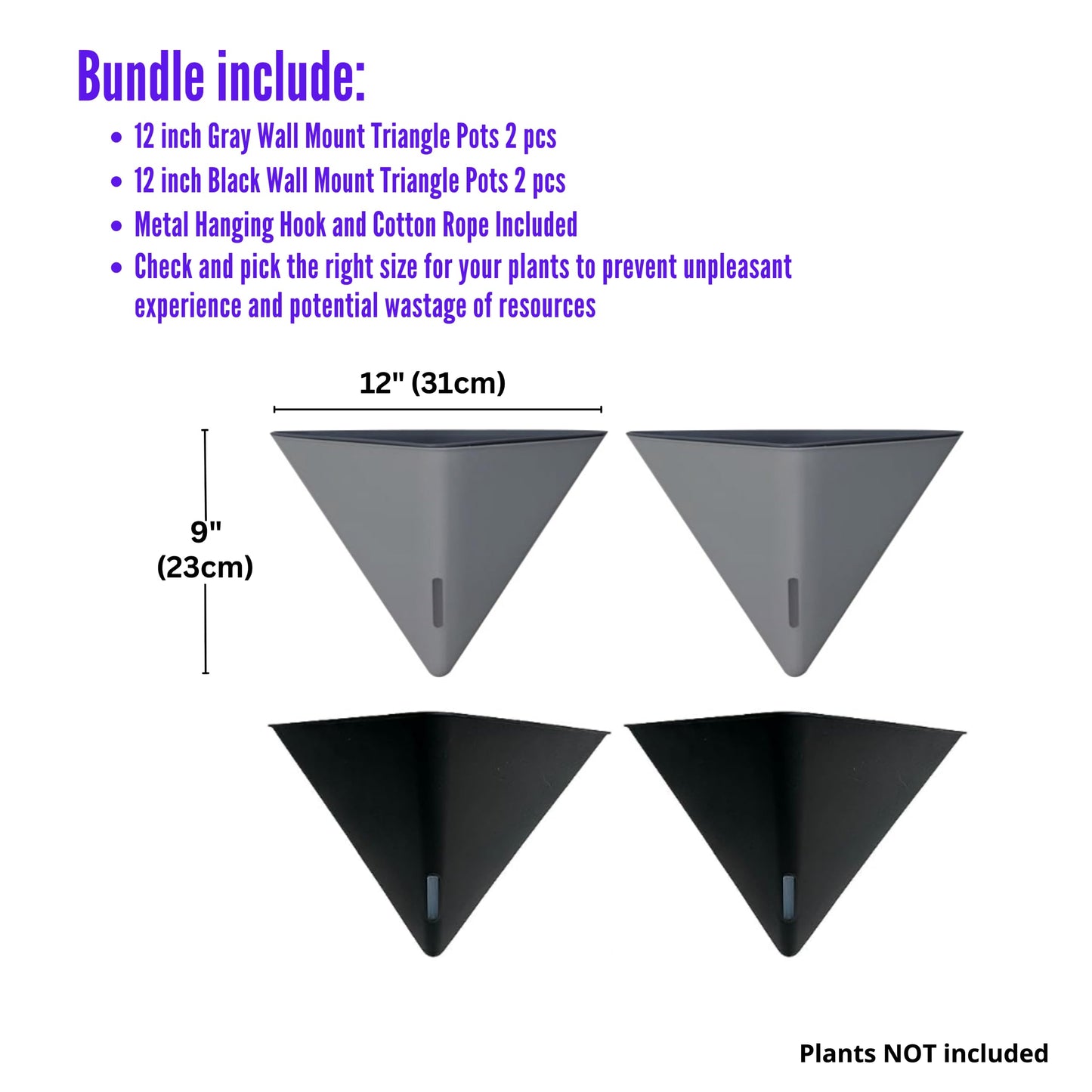 LaLaGreen Bundle - 12" x 2 Pack Gray + 12" x 2 Pack Black Large Self Watering Geometric Hanging Flower Vase Vessel with Metal Hanger, Modern Stylish Wall Mounted Succulent Pot Holder Decor