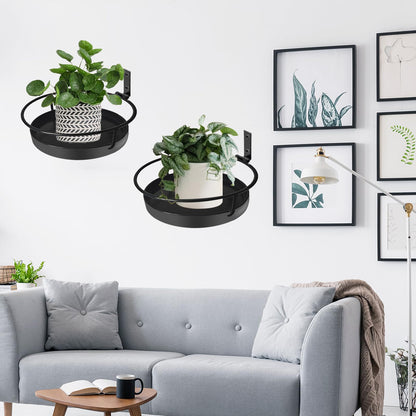 Wall Mounted Plant Holder, 2 Pack Metal Flower Pot Wall Shelf Indoor Outdoor, Decorative Floating Shelves Hanging Plant Holder for Patio Balcony Porch Bedroom Home Decor, Black
