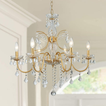 Bestier Crystal Candle Candelabra Chandelier 6 Light Pendant Light 26in Diameter x 26in Height Gold Finish Model AK-AJ-18174