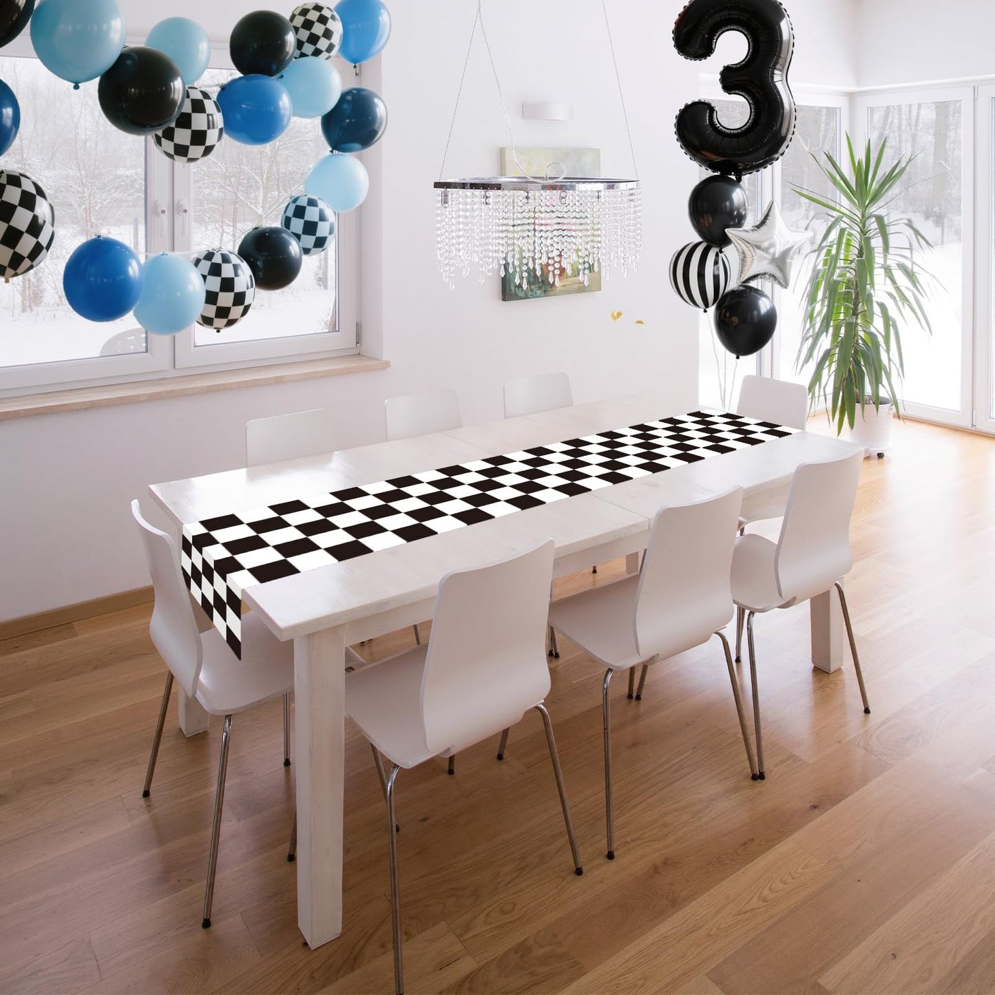 CHRORINE 2 Pcs Black and White Checkered Table Runners for Racing Cars Theme Birthday Party Boy Men Birthday Anniversary Decorations, Truck Theme Fast One Two Fast Decorations 13x108 Inches