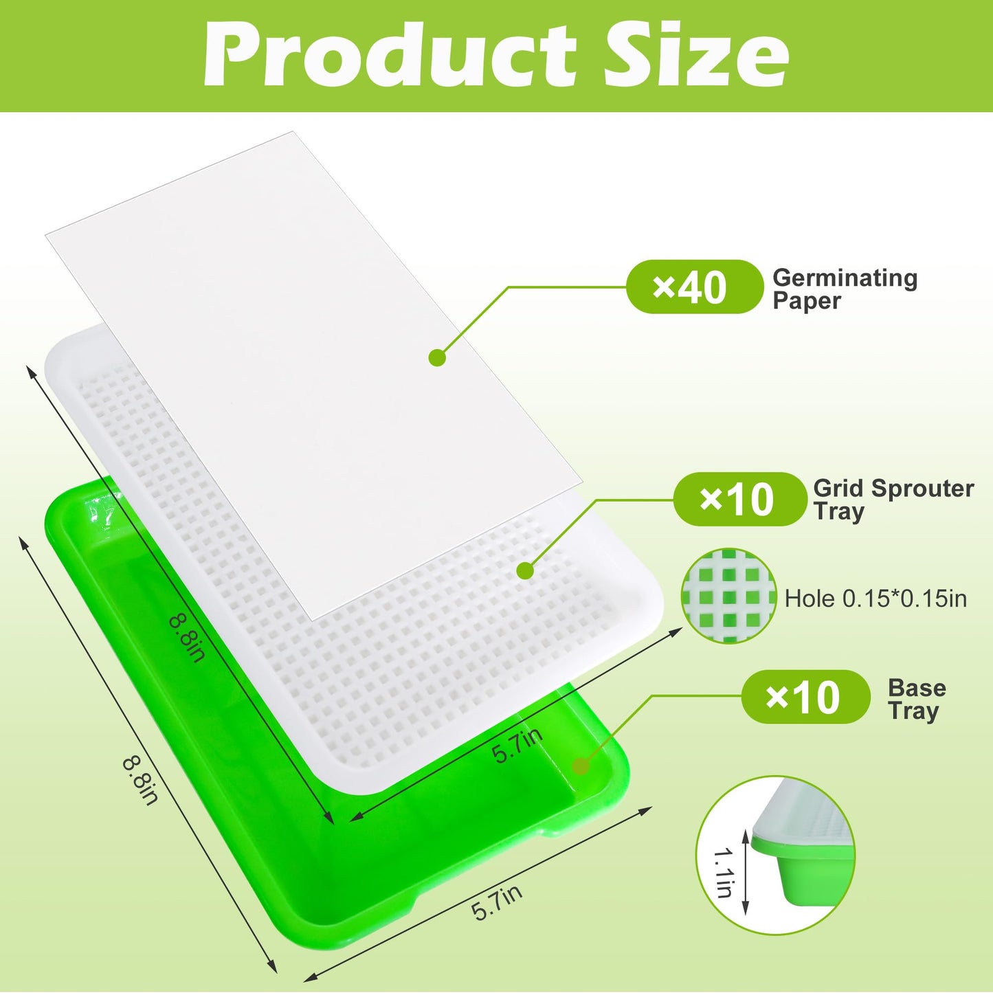 EBaokuup 10 Pack Seed Sprouter Tray with Drain Holes - BPA Free Seed Garden Plant Germination Propagation Trays, Soil-Free Wheatgrass Tray Sprouter Microgreens Growing Kit with Germinating Paper