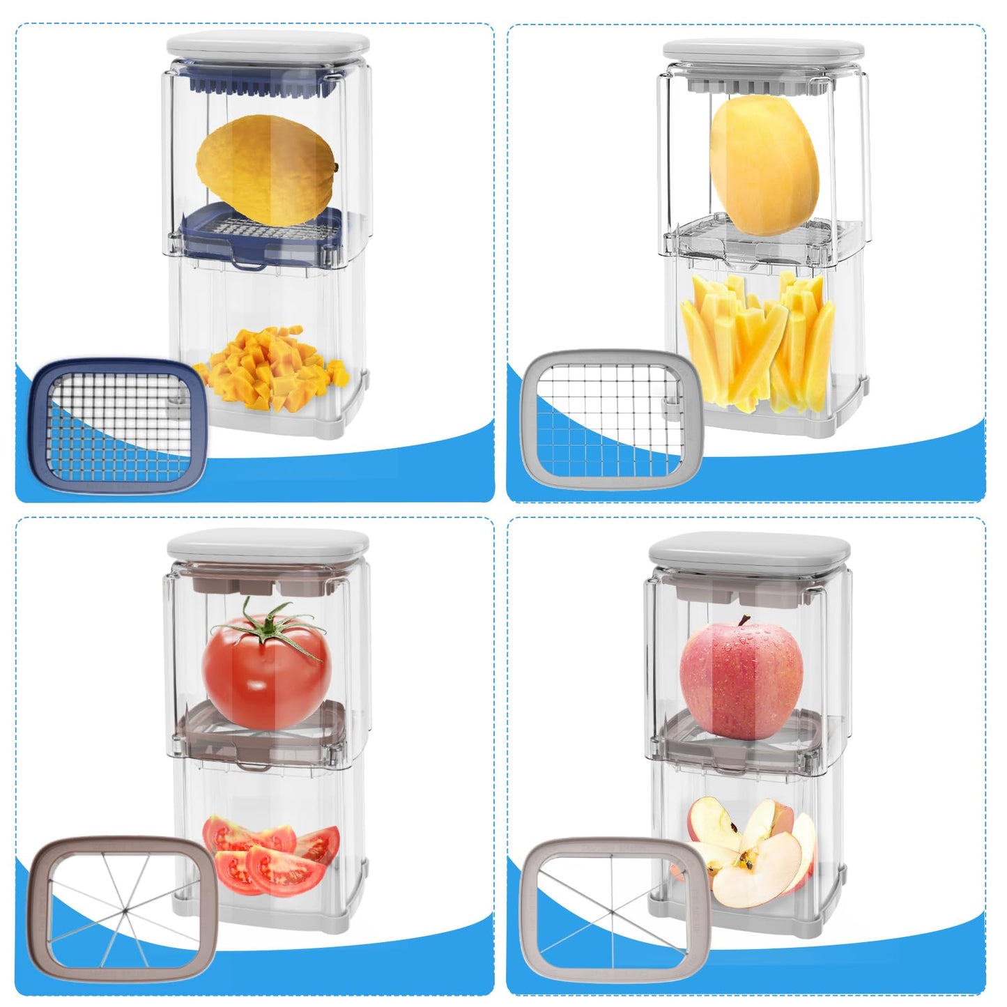 French Fry Cutter 4-in-1 – Potato Cutter for Fries, Onion Dicer, Food Chopper & Apple Slicer – Manual Hand Vegetable Cutter with 4 Blades