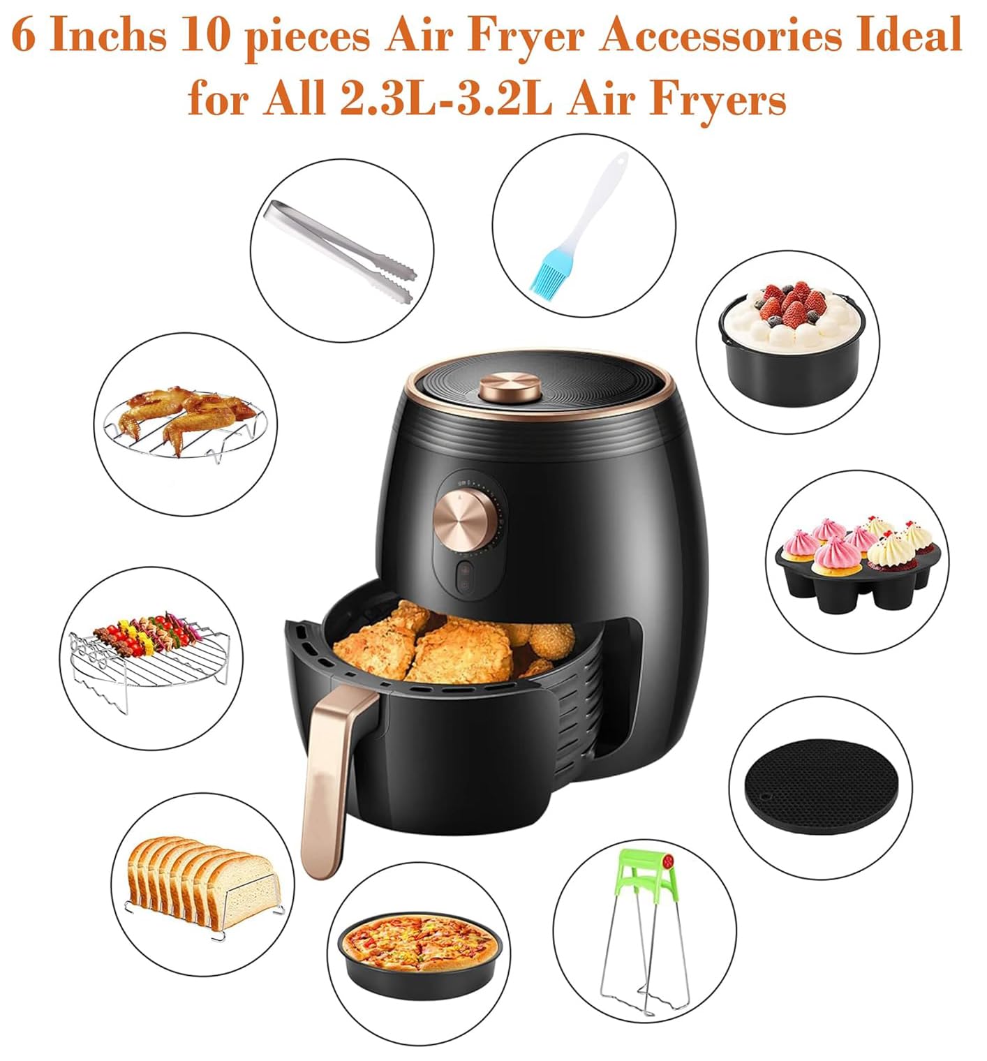 Air Fryer Accessories Set Fit for Gowise Gourmia Cozyna Ninja,Fit All 2.3qt-3.2qt Air Fryer,Kits with Skewers Silicone Mat,Pizza Pan,Cake Barrel,Non-Stick,Dishwasher Safe,Universal,6 Inch 10pcs,Black