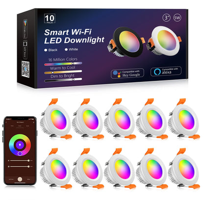 YGS-Tech Smart 3 Inch LED Recessed Lighting RGB WiFi Downlight, 5W Compatible with Alexa and Google Home, Dimmable RGB & CCT 2700-6500K Color Changing, 120V Ceiling Light with LED Driver (4 Pack)