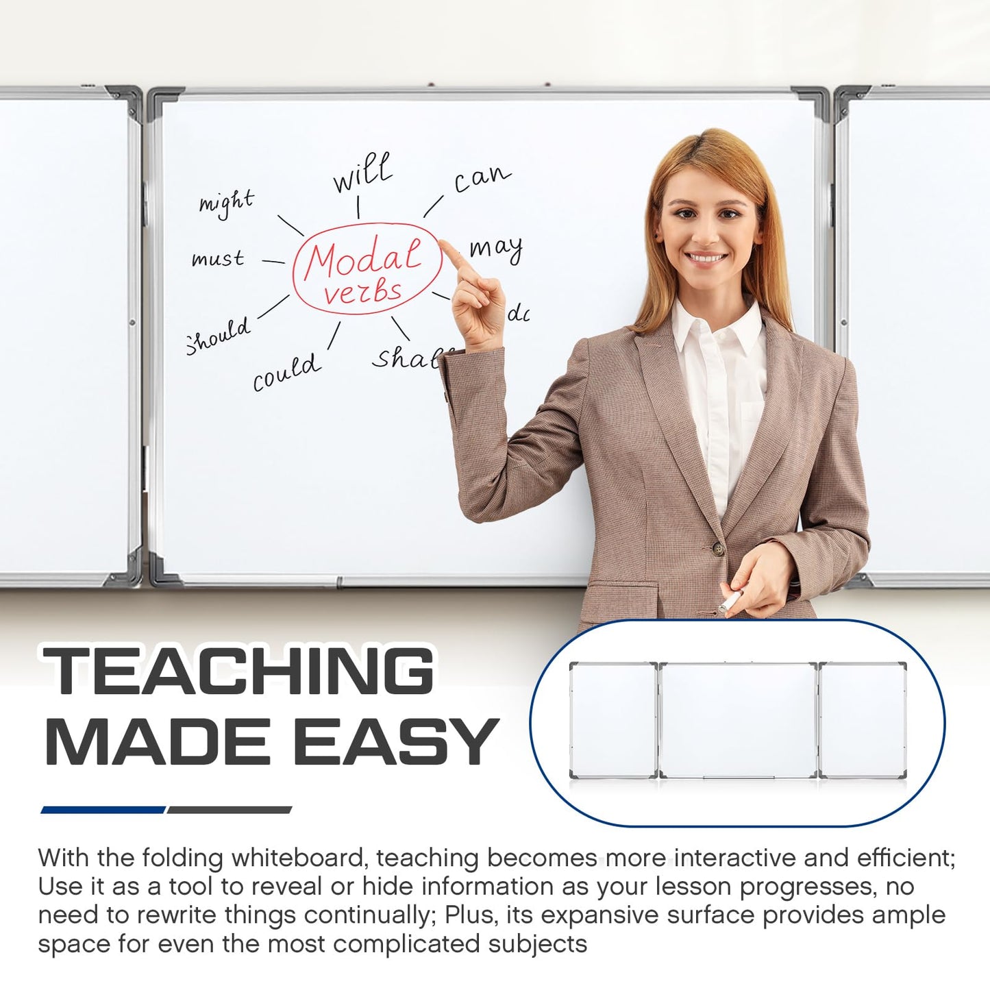 AmazingSpark 72" x 24" Foldable Whiteboard Dry Erase Board Large Tri Folding Whiteboard Magnetic Dry Erase Board, Wall Aluminium Frame and Flip Out Pen Tray for Office, Home