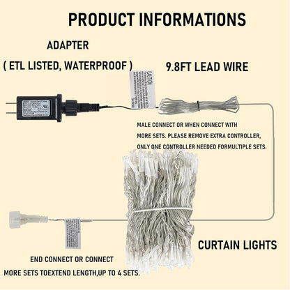 Dazzle Bright 300 LED Curtain String Lights, Waterproof, 8 Lighting Modes, Blue, Model CL-300CC