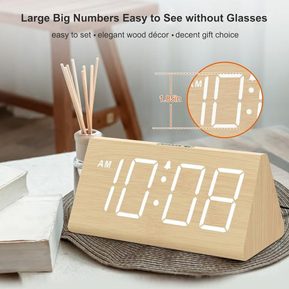 DreamSky Wooden Digital Alarm Clock for Bedrooms with Large Numbers | Electric Desk Clock, USB Port, Loud Alarm for Heavy Sleepers, Adjustable Volume, Dimmer, DST, Wood Décor Gifts, Plug in Clock