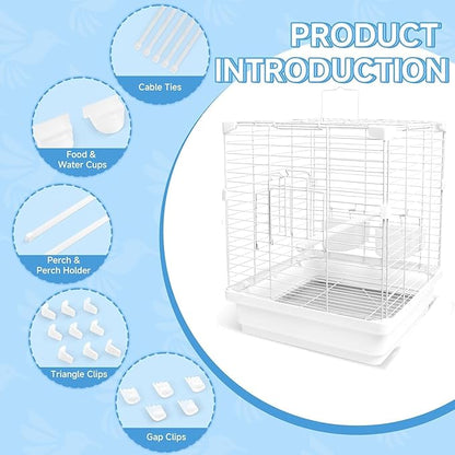 Small Bird Cage - 12x12x14.6 in Lightweight Travel Outdoor Birdcage for Parakeets, Budgies & Canaries and More Small Birds, Bird Carrier with Handle, Stand, Removable Tray, Portable for Hanging, White