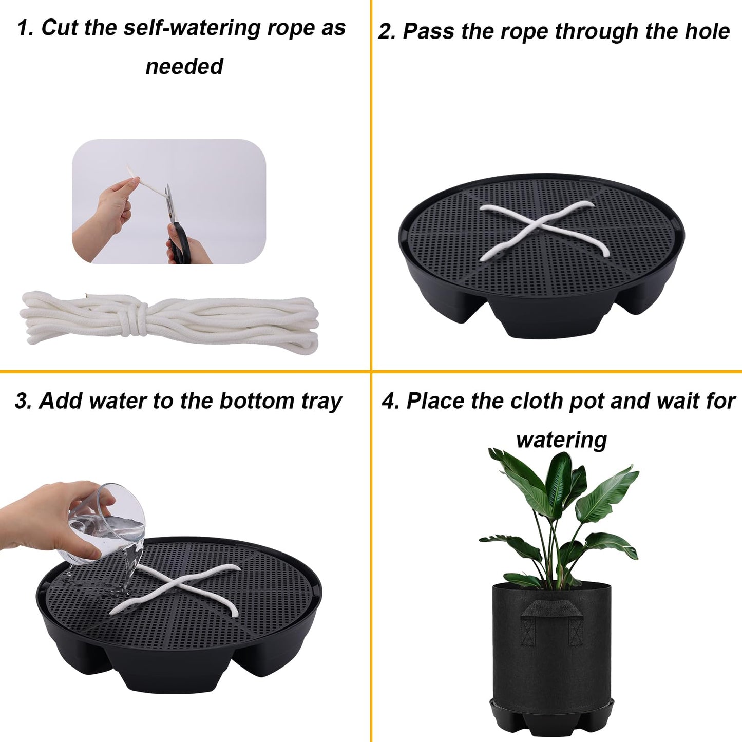 4pcs Auto Plant Watering Devices, Plastic Self-Watering Base with Cotton Fabric & Rope Automatic Autopots Water Planter Saucer Stand Trays for Greenhouse Indoors Grow Tents Grow Bags Accessories