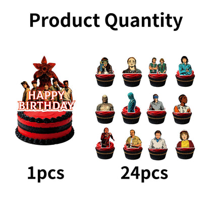 25 Pcs TV Series Character Happy Birthday Cake Toppers, Horror Theme Cake Topper, Includes 1 Happy Birthday Topper and 24 Dessert Decorations.