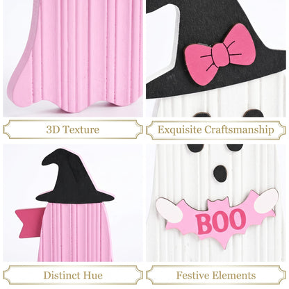 Valery Madelyn Pink Halloween Decorations, Set of 2 Cute Halloween Ghost Decor, Witch Hat Boo & Trick or Treat Wooden Tabletop Signs for Home, Shelf, Tiered Tray Party Display, 7 Inch
