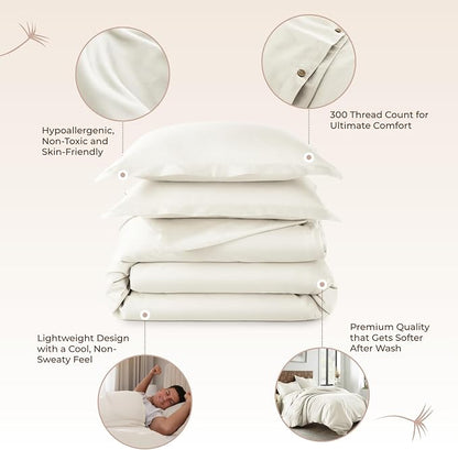 100% Organic Cotton Duvet Cover Queen Size - Naturally Soft Lightweight & Cooling Duvet Cover Set with Decorative Shams - Premium GOTS Certified 300 Thread Count Sateen Weave (Natural, Queen)