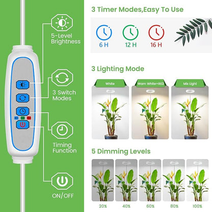 Aokrean Grow Light, 80 LEDs Full Spectrum Plant Light for Indoor Plants, Height Adjustable 10"-65" Growing Lamp with Auto Timer for 6/12/16Hrs,3 Optional Spectrums,5 Brightness, 1 Pack