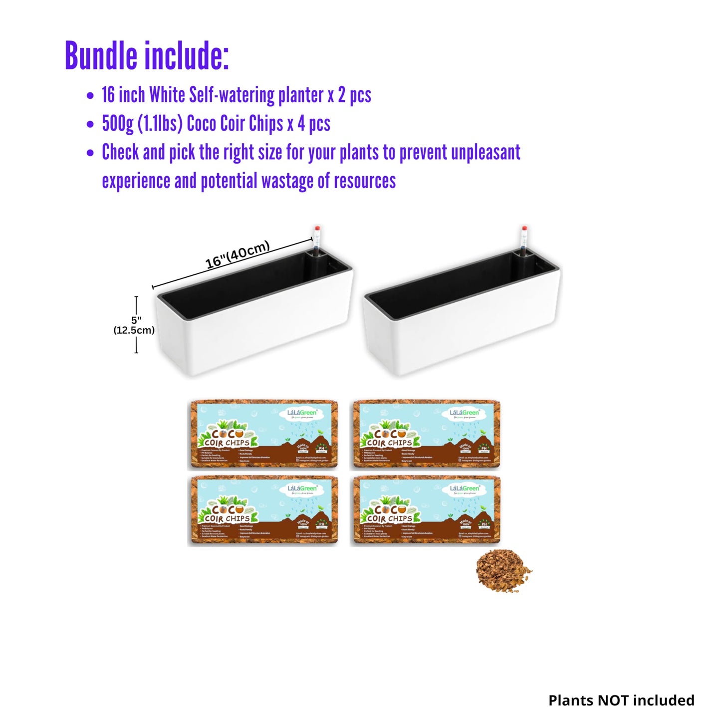 LaLaGreen Bundle - 2 Pack, 16 Inch White Self Watering Planter Box for Indoor Plant + 4 Pack, 500g Coconut Coir Chips for Plants Herb Garden Seedling Outdoor Planting Soil Vegetable Flower Orchids