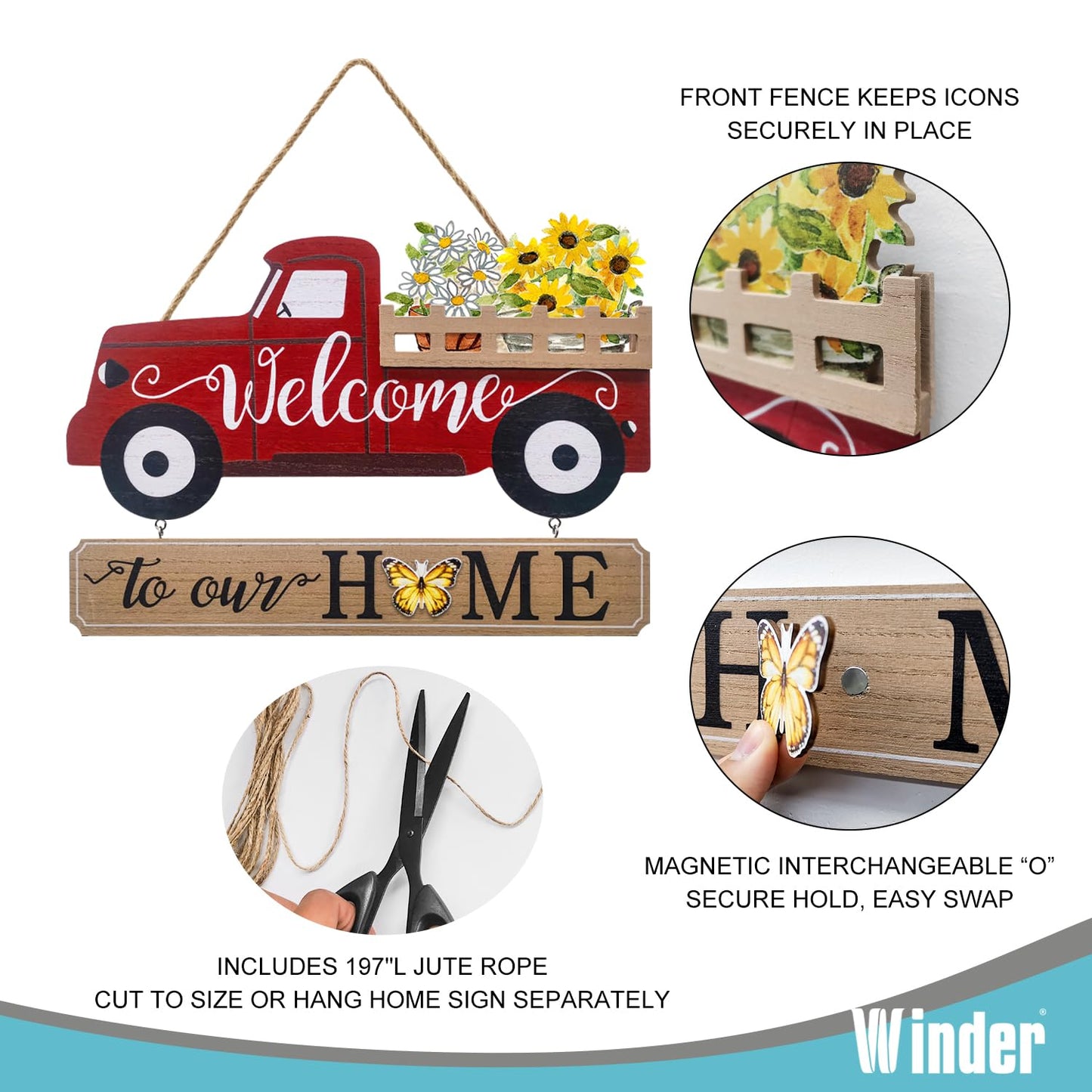 Winder 20Pcs Interchangeable Welcome Sign for Front Door,Seasonal Red Truck Decor Hanging Sign for Valentines,Easter, Independence Day,Halloween,Christmas Home Decor,Housewarming Gift