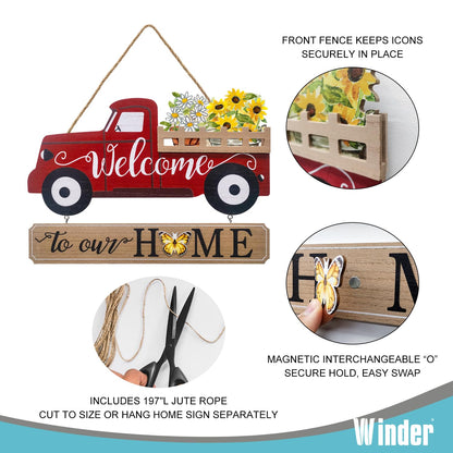 Winder 20Pcs Interchangeable Welcome Sign for Front Door,Seasonal Red Truck Decor Hanging Sign for Valentines,Easter, Independence Day,Halloween,Christmas Home Decor,Housewarming Gift