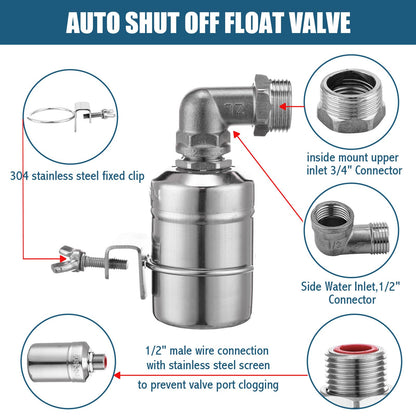 MorningRo 4 Pack Water Float Valve 1/2" to 3/4'' Auto Shut off Water Tank Float Valve 304 Stainless Steel Fully Automatic Level Control for Pool, Livestock Troughs (Regular Style)