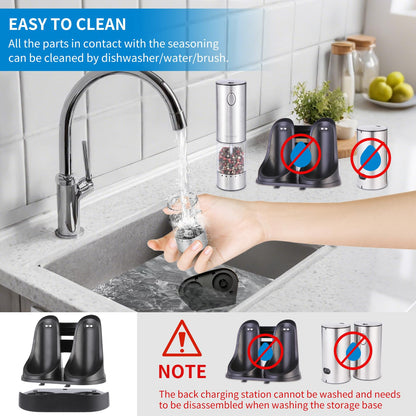 Electric Salt and Pepper Grinder Set Stainless steel,Large Capacity Automatic Pepper Mill Grinder with Upgraded Rechargeable Base and LED Light, Variable Grinding Speed, External Adjustable Coarseness