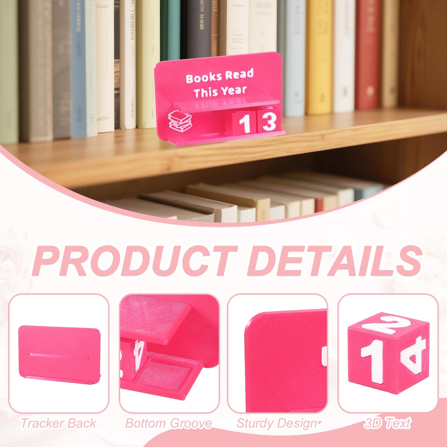 PATIKIL Books Read This Year Tracker, 3D Reading Challenge Counter Sign Library Bookshelf Decor Reading Challenge Number Up to 999 Books Gift for Reader Book Lovers Teachers, Light Pink