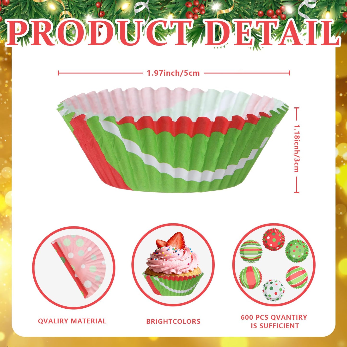 Vesici 600 Pcs Christmas Cupcake Liners Red Green Candy Pattern Christmas Baking Supplies Muffin Cupcake Wrappers for Xmas Holiday Birthday Party Cake Candy Chocolate Decorations Supplies