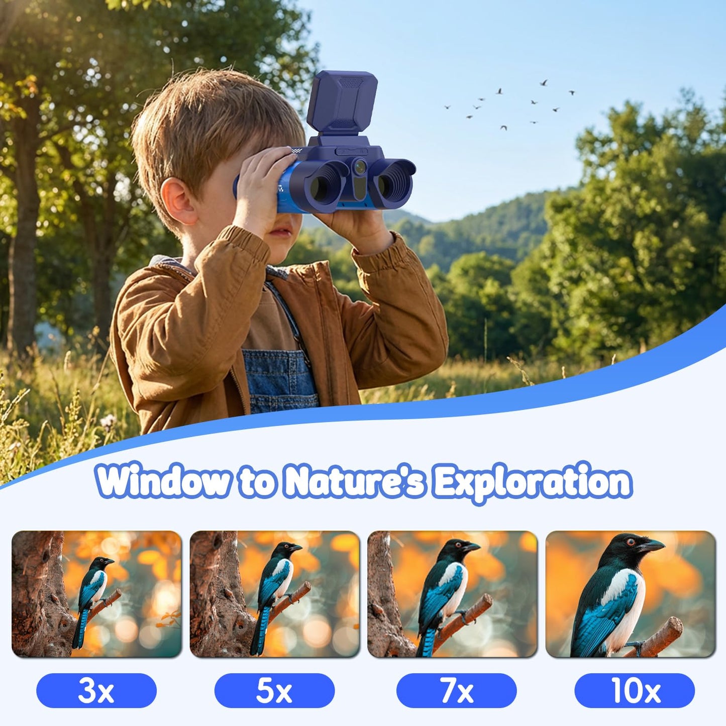 OAEBLLE Kids Binoculars with Night Vision Camera, 10X Zoom Digital Adventures Telescope with 2.4" IPS Screen, Nature Explorer STEM Toys for Bird Watching Camping, Gifts for Boys Girls Age 4-12 - Blue