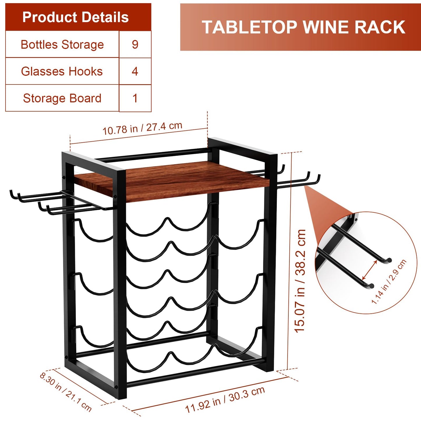 B4Life Wine Rack Countertop, Wine Glass Holder and Bottle Holder with Tray, Countertop Liquor Storage Holds 9 Liquor Bottles and 4 Glasses, Freestanding Liquor Storage for Home, Kitchen, Bar, Cellar