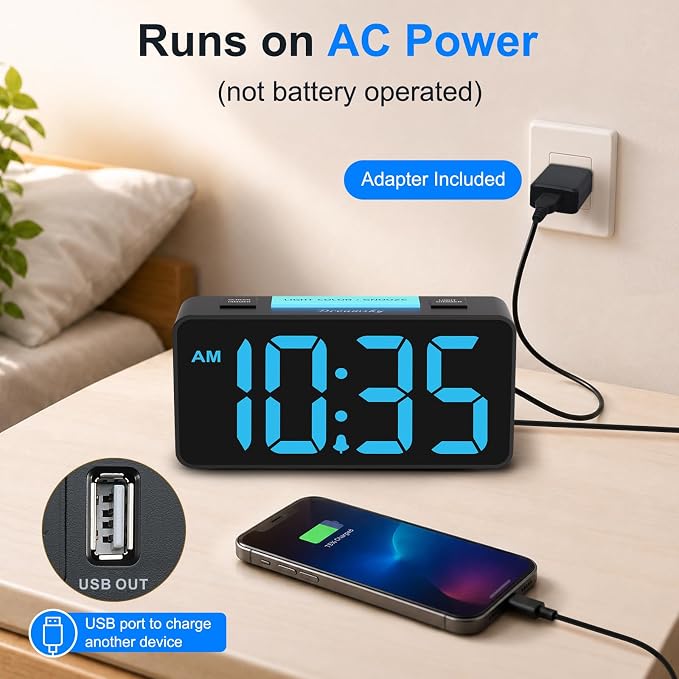 DreamSky Small Digital Alarm Clock with Night Light for Kids Bedroom | RGB Desk Clock with Large Numbers for Teens Boys, Brightness Dimmer, Adjustable Alarm Volume, USB Port, USB-C Adapter Powered