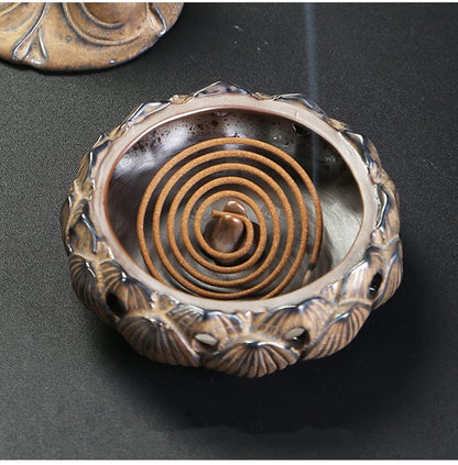 Ceramic Buddha Incense Burner Waterfall Chinese Backflow Incense Burner Holder with LED Light Incense Cones for Home Office Decor (Brown)