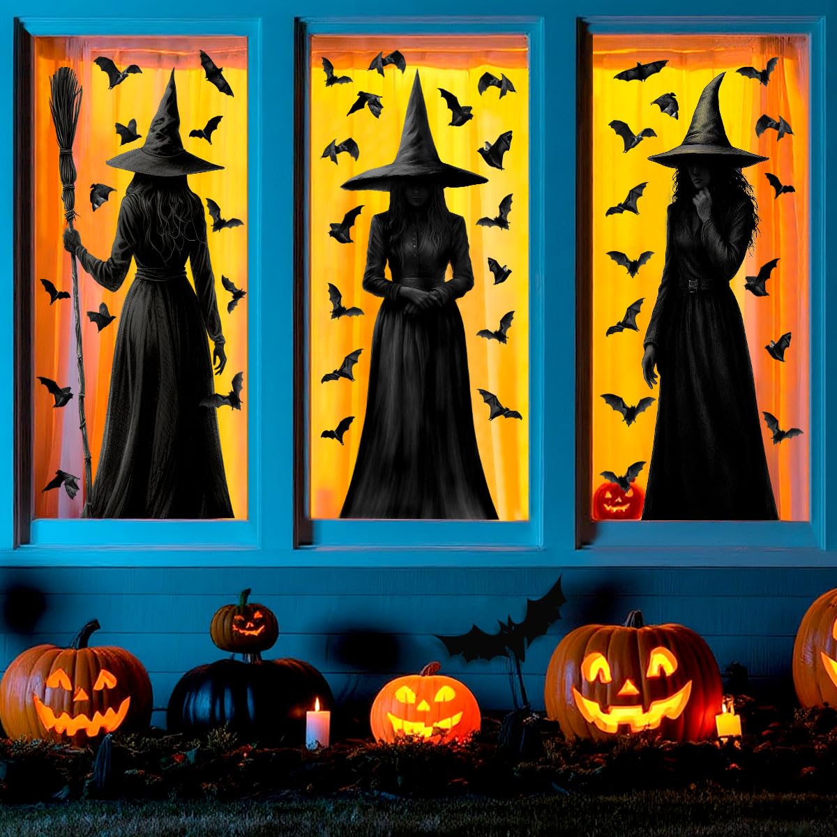 Halloween Window Clings, 3 Large Reusable Scary Witch Silhouette Window Clings & Bat Decals, Witches Silhouette Static Clings for Glass, Indoor Halloween Decorations for Home, School & Office