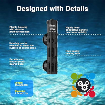Aquarium Heater 100W, Submersible Fish Tank Heater with LED Digital Display, Auto Power-Off When Leaving Water & High Temp Protection, for Fresh and Salt Water Tanks 10-20 Gal