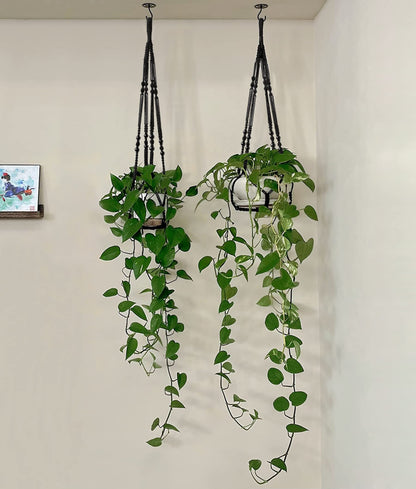 Mkono Macrame Plant Hanger Indoor Hanging Planter Basket and Ceiling Hooks, Wood Beads Decorative Flower Pot Holder for Indoor Outdoor Boho Home Decor, Black，Set of 2