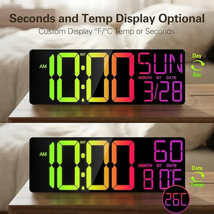 JALL 18" Large Digital Wall Clock with RGB Lights & Remote, Digital Clock with Bluetooth Sync & DST, Wall Clock with Temperature & Seconds Display, Clocks for Living Room, Seniors (Black)