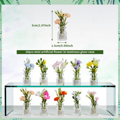 Hanycon 20PCS Cute Flower Bouquet in Glass Vase Miniature Flowers with Luminous Vase Mini Artificial Plants for Fairy Garden DIY Garden Plant Pot