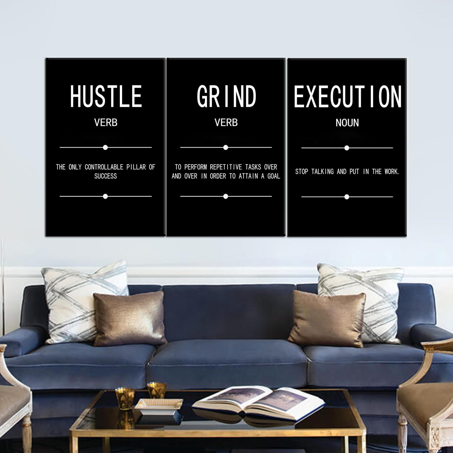 Motivational Wall Art Grind Hustle Execution Noun Poster Inspirational Quotes Painting 3 Pieces Canvas Print Office Decor Inspiring Framed for Wall Art Decoration Ready to Hang [72''Wx 36''H]