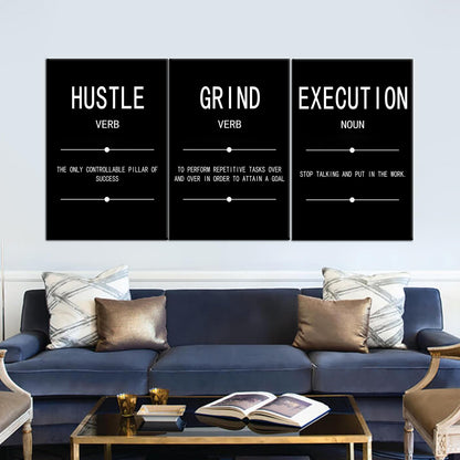 Motivational Wall Art Grind Hustle Execution Noun Poster Inspirational Quotes Painting 3 Pieces Canvas Print Office Decor Inspiring Framed for Wall Art Decoration Ready to Hang [72''Wx 36''H]