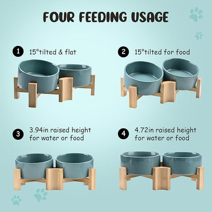 SPUNKYJUNKY 15° Slanted Ceramic Dog and Cat Bowl with Wooden Stand, Tilted Bulldog Food and Water Bowl No Slip Non-Spill for Cats Medium Dogs Big Face Pets 28.7 OZ (3.6 Cups, Light Green × 2)