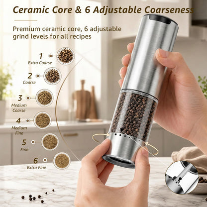 QTDHG Electric Salt and Pepper Grinder Set Type-C Fast Charging, Automatic Salt and Pepper Shakers Adjustable Coarseness, Stainless Steel Rechargeable Salt and Pepper Grinder with LED Light
