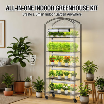 CUVERC Small Indoor Greenhouse with Grow Light & PVC Cover Portable Mini Greenhouse Tent Shelves Adjustable 5 Tier Metal Plant Stand with Grow Light for Indoor Plants, Seed Starting, 29.5"x13.7"x71"