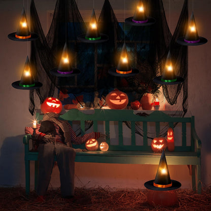 Halloween Hanging Witch Hats Decorations - 12PCS Black Witch Hats with Lights DIY Floating Witch Hats with 28PCS 3D Bats and Creepy Cloth for Halloween Porch Tree Party Decorations