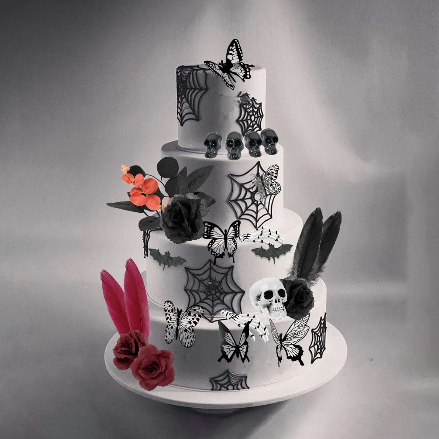 Ylapagne Gothic Cake Decorations, 26PCS Halloween Black Cake Topper with Red Black Rose, Skull, Feather, Ghost Hand, Butterfly Cupcake Toppers for Wedding, Birthday, Wizard Party
