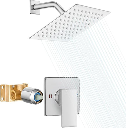 Heyalan Shower Faucet Set with Valve, Bathroom Rainfall Shower System, Wall Mount Single Handle Shower Trim Kit, Rainfall Fixed Shower Head, 8 Inch Square Shower Head,Polished Chrome