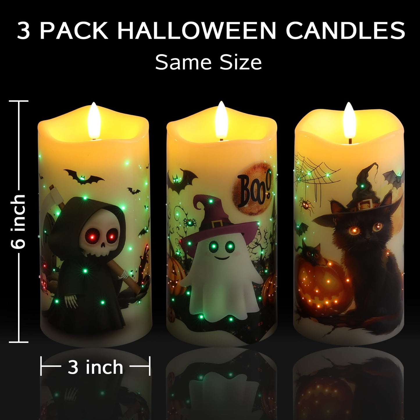 Eywamage Fiber Optic Halloween Flameless Candles with Remote, Flickering Battery Operated LED Pillar Candles Set of 3