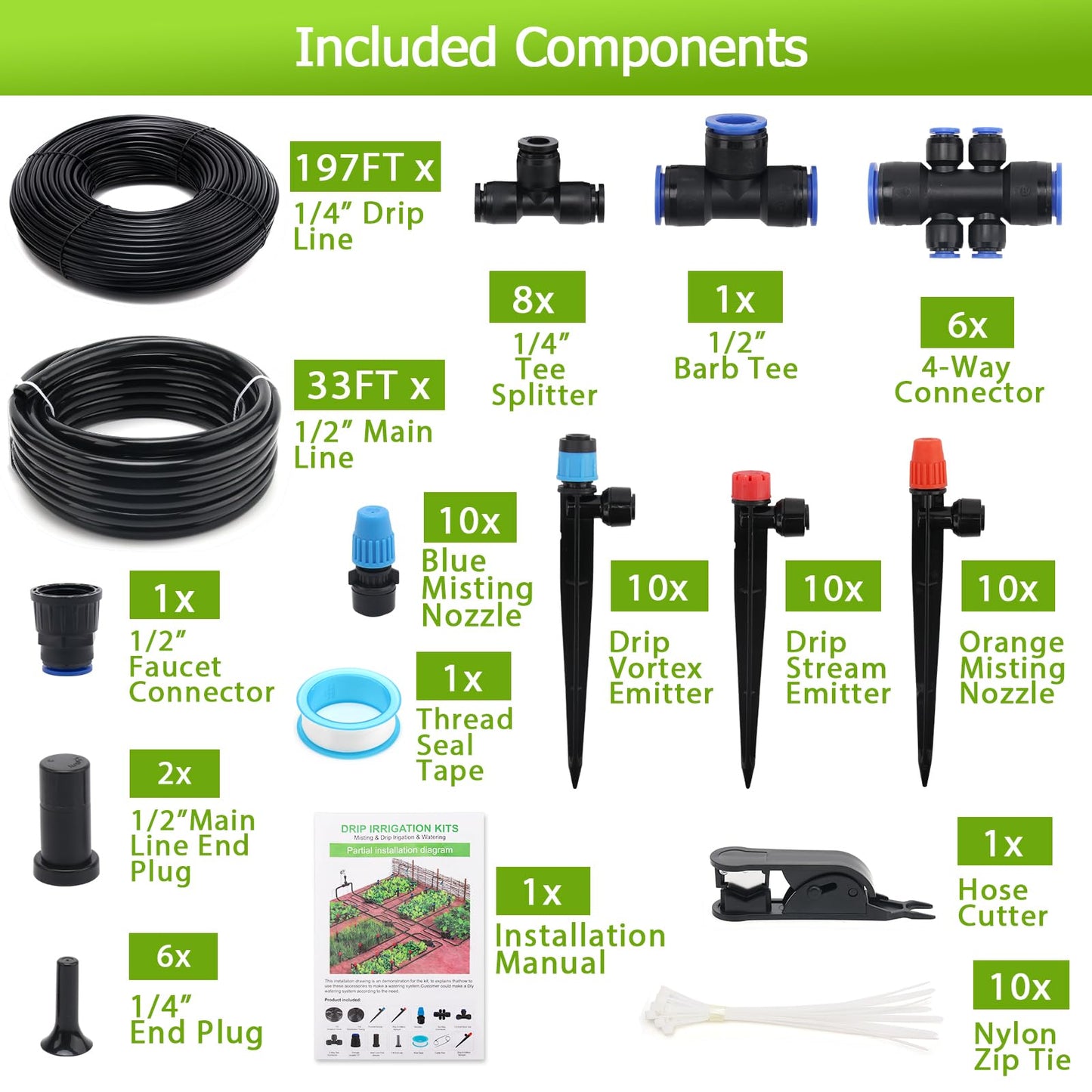 230FT Quick-Connect Drip Irrigation System Kit - 33FT 1/2" Main Tube & 197FT 1/4" Drip Line, Automatic Garden Watering System with Adjustable Emitters & Nozzles for Garden, Greenhouse, Yard, Lawn