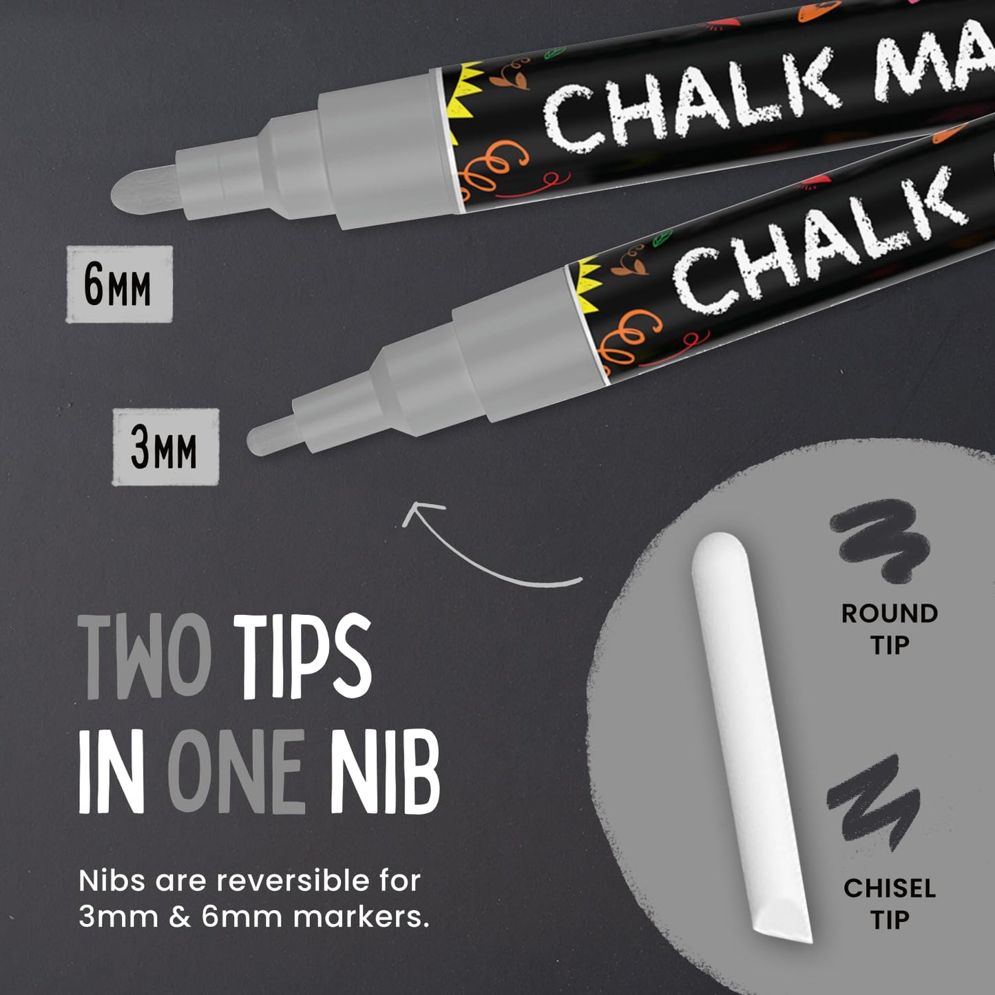 Chalkola 5 Grey Chalk Markers - Dry Erase Markers for Blackboard, Chalkboard Signs, Windows, Glass, Car | Variety Pack - Chalkboard Chalk Pens, Fine & Jumbo Size Ink Pen (1mm, 3mm, 6mm, 10mm, 15mm)