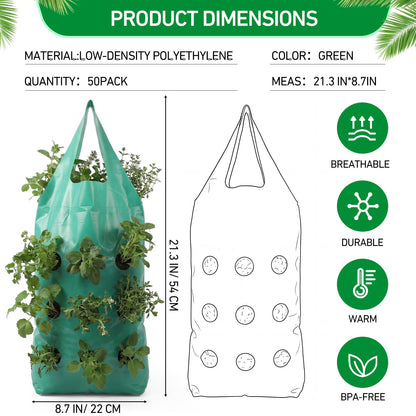50 Pack Hanging Strawberry Planter Grow Bags, 9 Hole Plastic Hanging Vertical Planters, Upside Down Garden Bags with Reinforced Handles for Outdoor Wall Strawberries, Cherry, Tomatoes, Flowers, Tomato
