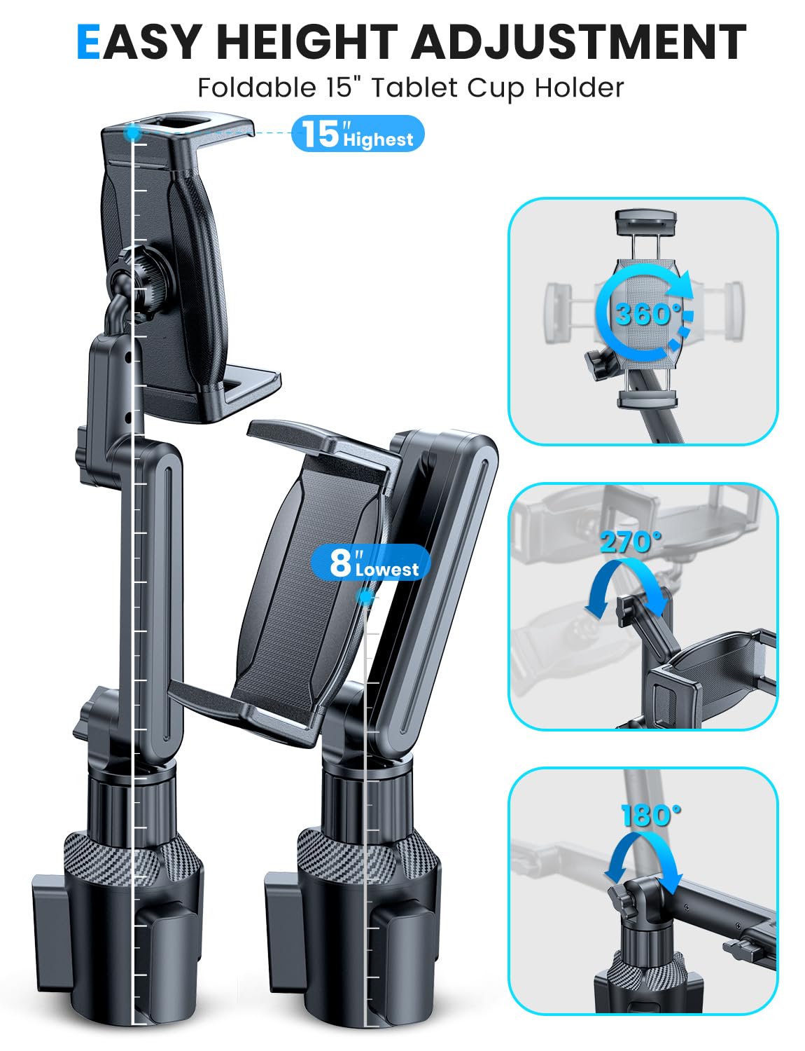 eSamcore Tablet Holder for Car, for iPad Stand Cup Holder Car Mount with 1.57" Depth Large Clamp 15" Height Adjustable Tab Mount Holder for 6"-12.9" Cell Phone iPhone Travel iPad Accessories
