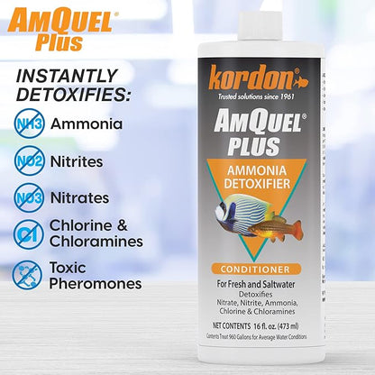 Kordon AmQuel Plus Aquarium Water Conditioner - Instantly Detoxifies Ammonia, Nitrite, Nitrate, and Chlorine Remover for Freshwater & Saltwater Aquariums, 16 Ounces (Pack of 2)